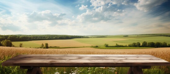 Poster - A brown wooden table sits in a picturesque rural landscape during the summer It offers ample empty space perfect for showcasing product displays and creating a mockup The concept behind this scene co