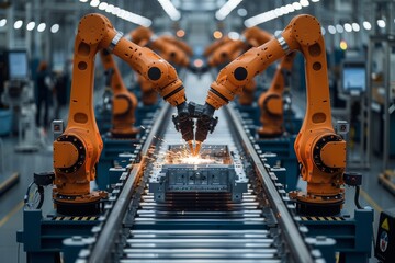 Poster - Robotic arms engaged in precision welding on an assembly line, sparks flying within the industrial setting