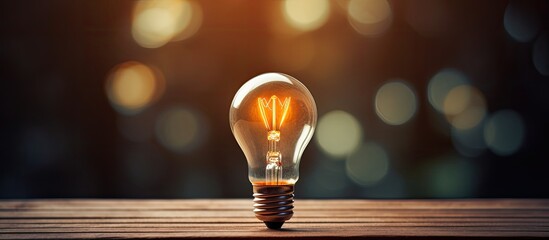 Poster - A macro close up of a tiny lightbulb positioned above a rustic wooden backdrop creating a creative idea concept Copy space image
