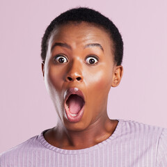 Wall Mural - Portrait, surprise or black woman with shock, wow or scared expression for gossip news or studio sale. Pink background, open mouth or African girl in disbelief for announcement, fear or discount deal