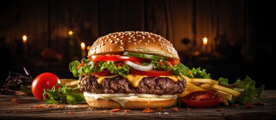 Poster - A delicious grilled beef hamburger with fresh vegetables is displayed on a rustic wooden table illuminated by soft lighting Perfect for a copy space image