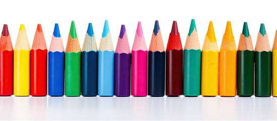 Aufkleber - A vibrant array of wax crayons arranged on a white background seen from a captivating perspective with ample space for copying Each crayon is labeled with its respective color name