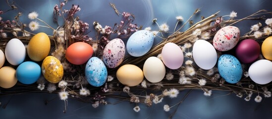Aufkleber - Colorful Easter eggs arranged on a table with gypsophila flowers creating a vibrant composition The top view showcases the natural dyed eggs providing a colorful background perfect for adding text or