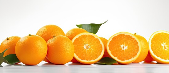 Poster - A citrusy delight freshly cut oranges placed on a pristine white backdrop ready for center stage Ample empty space is available for creative use