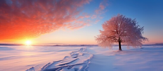 Poster - A mesmerizing winter sunset creating a breathtaking scene over a snow covered field is captured in the copy space image