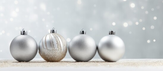 Poster - A copy space image of three silver Christmas balls with glitter stripes placed on a white table against a light gray wall