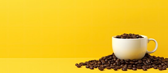 Wall Mural - A cup of coffee beans placed on a white surface with a yellow background that offers room for the image to stand out. Creative banner. Copyspace image