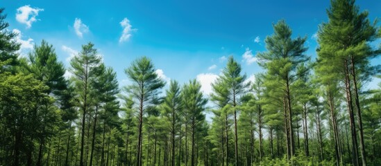 Poster - A picturesque scene of tall trees with a clear blue sky adorned by fluffy white clouds offering ample copy space for your needs