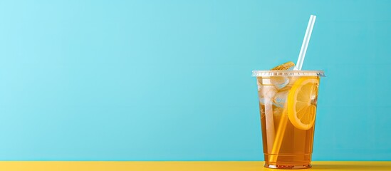 Poster - A close up shot of a refreshing ice lemon tea in a clear plastic cup complemented by a pastel yellow straw It is placed on a marble table against a pastel blue background providing ample copy space f