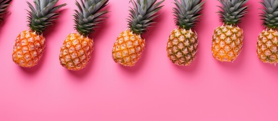 Aufkleber - A flat lay top view shows a pattern of sliced pineapples on a pink background in the copy space image