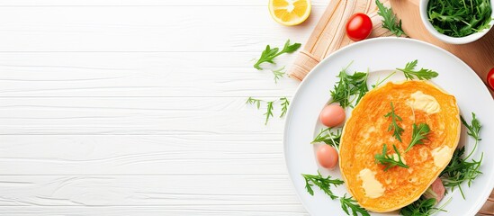 Poster - A top view of a white plate with a breakfast spread includes an omelette filled with radish and green arugula accompanied by a salmon sandwich The frittata is a traditional Italian omelet The image h