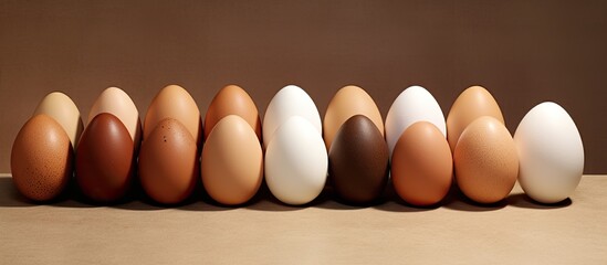 Poster - Multiple light brown and dark brown eggs are arranged on paper panels with several laying hens positioned closely together in the copy space image