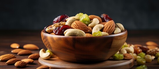 Aufkleber - A wooden bowl filled with a variety of special mixed nuts including hazelnuts almonds cashews pistachios and dried blueberries This superfood vegetarian snack offers a healthy option with empty space