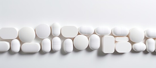 Poster - Copy space image of medication rounded white tablets and small bottles arranged in an expanded rectangular elongated format on a light background