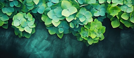 Aufkleber - Top view of emerald and green Hydrangea flowers on an artistic ink background creating a creative and captivating image with copy space