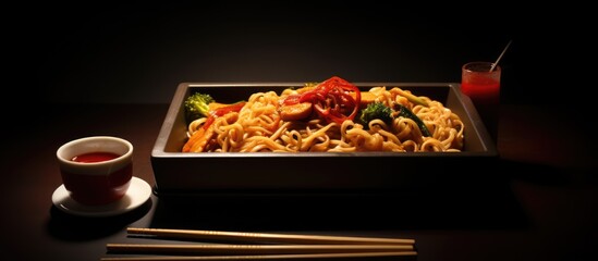 Aufkleber - Noodles in a box served with food sticks and sauces allowing for a visually appealing copy space image