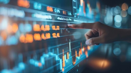 Poster - A hand pointing to a specific point on a stock market graph during a presentation, emphasizing key trends and investment opportunities.