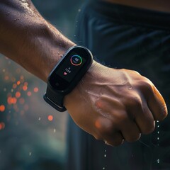 Fototapete - Close up of an individuals wrist wearing a smart watch, showing the screen and details of the device.