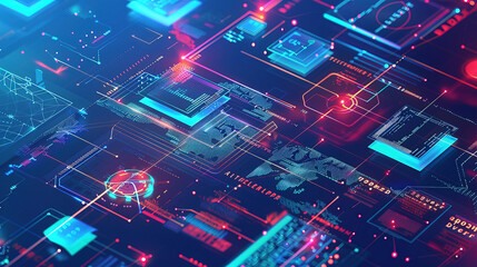 Illustration of an abstract digital illustration of an AI system and web development, featuring glowing icons representing technology and online innovation on a blue background.