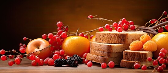 Wall Mural - A copy space image showing slices of whole wheat bread topped with a picturesque arrangement of berries and pumpkins in a fall setting