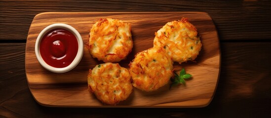 Poster - Top view of hash brown potato patties with ketchup on a wooden board The wooden background complements the copy space image
