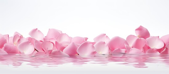 Wall Mural - Image of pink rose petals gracefully floating in the air against a pristine white backdrop with ample copy space