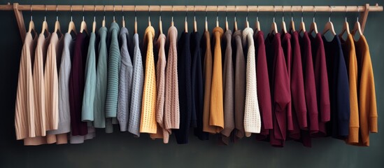 Poster - Copy space image of cozy sweaters displayed on wooden rack
