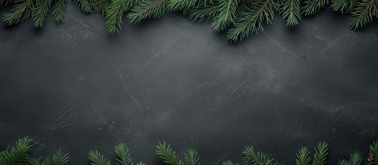 Poster - The image features a top view of Christmas fir tree branches creating a frame against a slate background with ample copy space