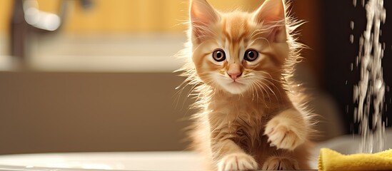 Poster - Ginger maine coon kitten with an endearing gesture as he cleans his paw Image allows room for text. Creative banner. Copyspace image