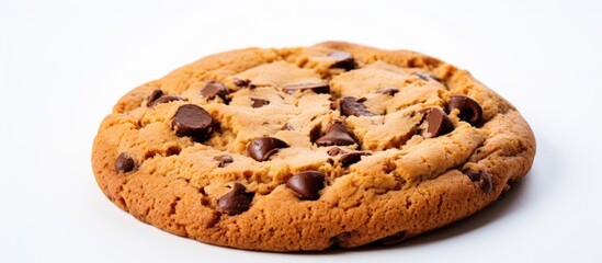 Fototapete - A close up copy space image of a delicious chocolate chip cookie isolated on a white background tempting the taste buds of breakfast lovers