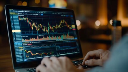 Fototapete - A laptop screen displaying a stock trading platform with colorful graphs and charts, illustrating the dynamic nature of financial markets.