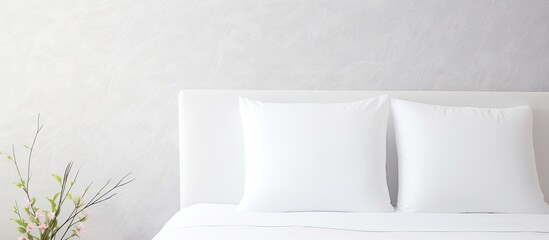 Aufkleber - A white bed sheet and pillows are set against a clean interior background featuring a wallpaper pattern picture with empty space for copy or text. Creative banner. Copyspace image