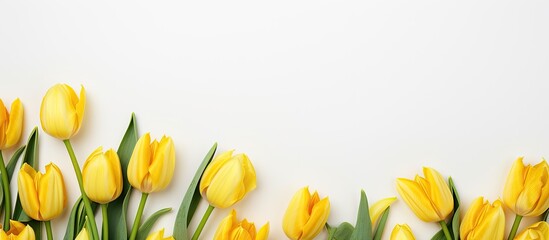 Leinwandbilder - Top view image of a delicate spring composition with yellow tulips on a white background creating a border with copy space