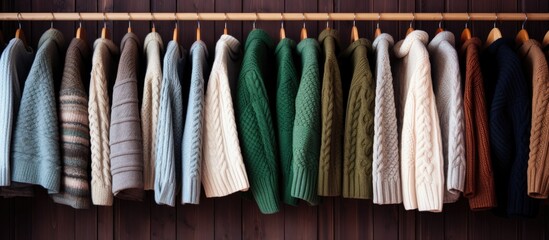 Wall Mural - Copy space image of cozy sweaters displayed on wooden rack