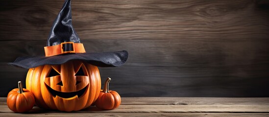 Poster - A wooden surface features a Halloween pumpkin jack o lantern adorned with a witch hat creating a visually appealing image with plenty of copy space