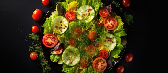 Poster - Copy space image of a top view plate with a diet salad composed of a fresh mix of lettuce and tomatoes