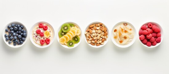 Poster - Overhead shot of a selection of cold cereals served in white bowls offering a convenient and quick breakfast for kids with copy space image