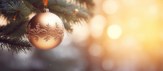 Poster - Festive Christmas ball hanging from a fir branch providing a delightful copy space image