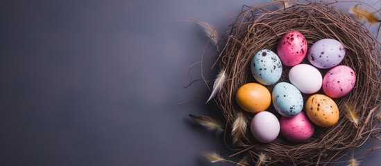 Poster - A trendy minimalist Easter themed flatlay with a top down perspective The image showcases colorful eggs and a nest portraying the essence of the spring season Ample copy space is available for adding