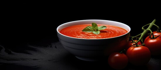 Poster - A copy space image of tomato soup served in a white bowl set against a dark metal background