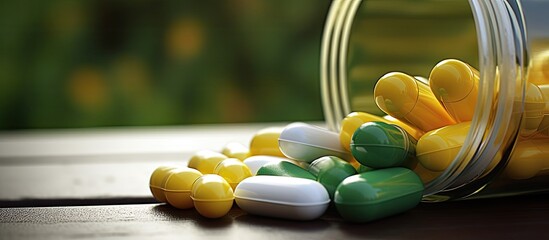 Aufkleber - A copy space image features green and yellow pills or capsules used as a drug prescription for medication treatment The pharmaceutical medicament in a container serves as a cure for health potentiall