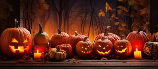 Poster - A creative autumn display featuring a glowing Jack o lantern vibrant pumpkins all set against a dark backdrop with ample space for adding text or images
