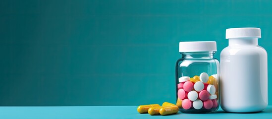 Aufkleber - On a blue background with copy space there is a white bottle containing medicine pills and capsules in green yellow and pink colors