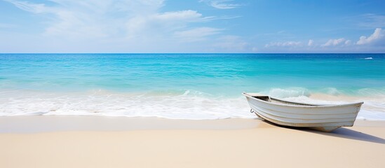 Aufkleber - A serene tropical beach with soft sand and gentle ocean waves that create a soothing atmosphere Perfect for a copy space image