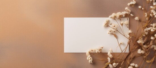 Fototapete - A top down view of a greeting card mockup placed on a beige background accompanied by an envelope dried gypsophila flowers twigs and ample copy space for text placement