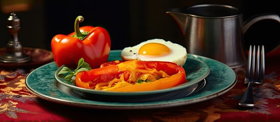 Aufkleber - Copy space image of bell peppers with eggs baked inside served on plates on the table Cutlery is placed on a nearby napkin