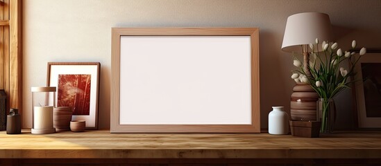 Poster - In the living room a wooden table displays a close up photo frame with ample copy space available