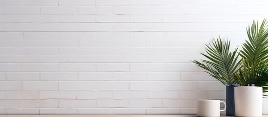 Poster - A copy space image featuring a modern workspace adorned with a computer a vase containing a palm leaf and a cup placed near a white brick wall