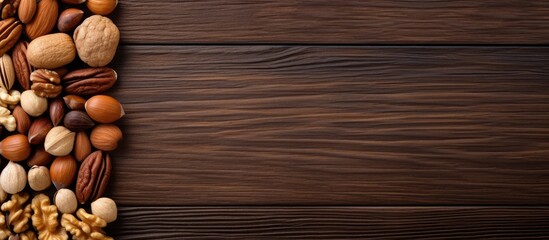 Poster - Top view of a wooden board background with a frame of nuts providing copy space for text