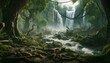 Mystical jungle scene with animals around a rushing waterfall, covered in lush vegetation and mist.